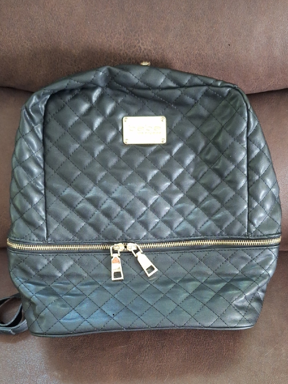 bebe Quilted Black Backpack Bag with Gold Logo Plaque